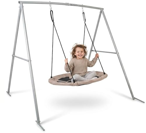 HyperMotion Vogelnestschaukel mit Metallgestell, Pulverbeschichtet, Grau/Beige, 196 × 180 × 185 cm, max. 150 kg, Metall/Polyester, ab 3 Jahren, 2 Jahre