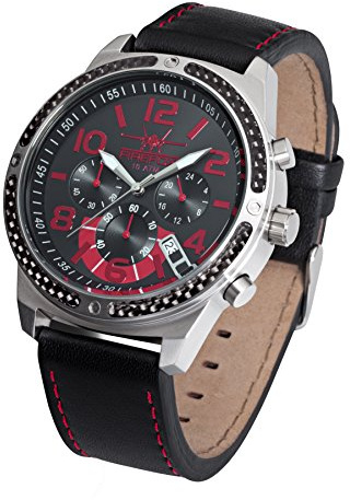 FIREFOX Skydiver FFS20-102b schwarz/rot/Carbon Edelstahl Lederarmband Dornschließe Herrenuhr Chronograph 10 ATM Prüfdruck
