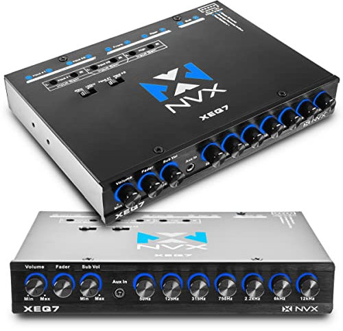 NVX 7-Band XEQ7 Graphic Equalizer with Front 3.5mm Aux Input, Dual RCA Inputs, Subwoofer & Volume Controls, Gold-Plated Contacts, Blue Illumination, Compatible with XUBT3 Bluetooth Knob