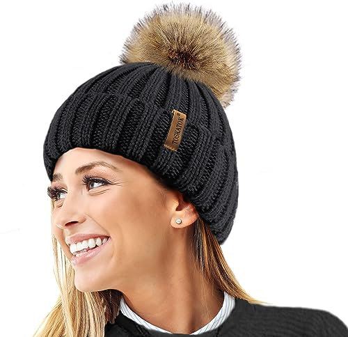 TOSKATOK® Womens Winter-Rib Strickmütze/Beanie mit abnehmbaren Chunky Faux Fur Bobble Pom Pom-Black