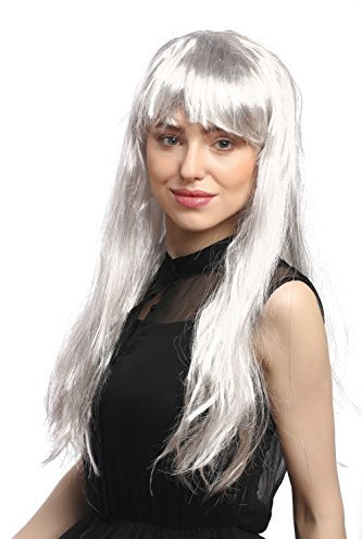 WIG ME UP - 31757-P309-Silver Perücke Damen Fasching Karneval Grau Silber Strähnen lang glatt Pony 65 cm