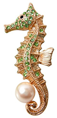 Navachi Broche en forme d'hippocampe plaqué or 18 carats avec perles et cristaux