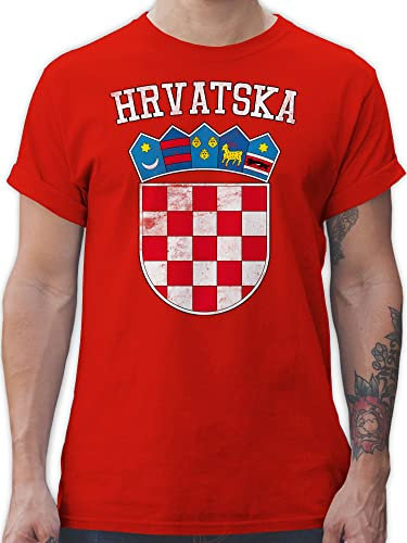 T-Shirt Herren - Fußball EM WM - Kroatien Wappen Hrvatska Krotatisch - XXL - Rot - Croatia Trikot Fussball Shirt männer Europameisterschaft Croatian Tshirt Kroatien-Trikot fussballtrikot fu Ball