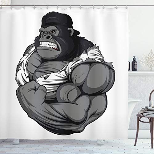 ABAKUHAUS Karikatur Duschvorhang, Tier Athlet Gorilla, Stoffliches Gewebe Badezimmerdekorationsset mit Haken, 175 x 200 cm, Schwarz Weiß Grau