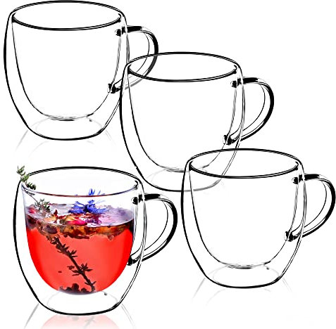 KADAX Lot de 4 tasses à thé à double paroi en verre avec large poignée - 250 ml - Pour jus, thé, café, cappuccino, eau, thé glacé, glace