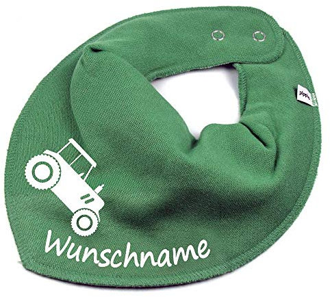 HALSTUCH mit Namen oder Text personalisiert für Baby oder Kind aus Baumwolle in Einheitsgröße Traktor khaki