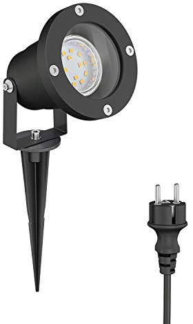 ledscom.de Foco LED para jardín DUK negro con pincho de tierra para exteriores, aluminio, incl. lámpara LED GU10 (blanco cálido, 2.339W, 227lm, 110°)