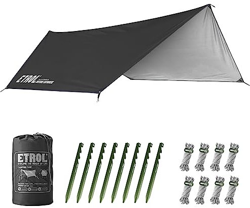 ETROL Hammock Rain Fly Tent Tarp,360cm x 280/290cm Portable Lightweight Waterproof Windproof Anti-UV Tarpaulin,5 in 1 Multifunctional Camping Shelter for Yard Outdoor Traveling Beach - Black