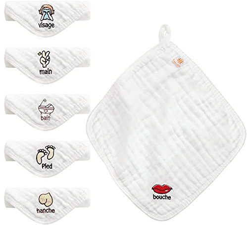 Koo-dib 6 Débarbouillettes en Mousseline pour Bébé, Carré Doux 100% Coton Bio Ultra Absorbante Serviette Visage, Réutilisable Doux Gants de Toilette Serviettes pour Peau Nouveau-Né, 30 * 30 cm