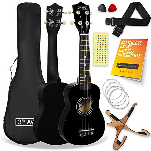 3rd Avenue Sopran-Ukulele mit 54 cm/21“, Anfängerset – Tasche, Ständer, Gurt, Saiten, Plektren und Griffbrett-Aufkleber – in Schwarz – KOSTENLOSE 1-monatige Online-Lektionen