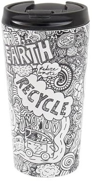 ECO CHIC Reusable Thermal Coffee Cup Stainless Steel Leakproof Insulated 330ml Travel Mug (Save The Planet B&W)