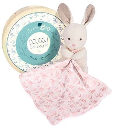 DOUDOU ET COMPAGNIE - Doudou Lapin avec Mouchoir en Coton Bio - Rose - 15 cm - Collection BOTANIC - Idée Cadeau de Naissance Bébé- Tout Doux pour les Câlins - Garantie Doudou Perdu - DC3960