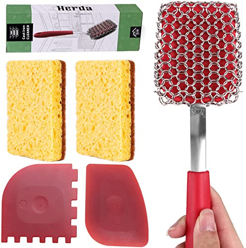 5 Pieces Pan Pot Wok Cleaning Brush Scraper Sponge Tool Kit- Metal Brush, Steel Sponge, Stainless Steel Scrubber Scrubbing Scouring Pad- Scourers for Dishes, Cast Iron, Ovens, Carbon Steel,Griddle