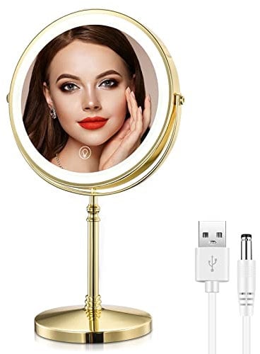 AMZTOLIFE Gold Makup Mirror with Lights, 10X Magnifying Lighted Vanity Mirror, 8 Inches 360 Swivel Two-Sided Tabletop Mirror Gold Finish