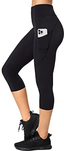 Yvette Damen 3/4 Capri Leggings Sporthose mit Taschen Hohe Taille Bequem Yoga Fitness Jogginghose,Schwarz,S