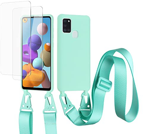 vrupin kompatibel mit Samsung Galaxy A21S Handykette Hülle,[2 Stück Schutzfolie 9H Härte Gehärtete Folie].Necklace Hülle Nylon Schultergurt Weich Flüssiges Silikon-hellgrün
