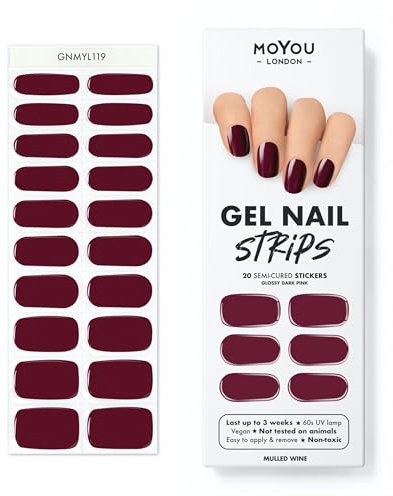 MOYOU LONDON Halbgehärtete UV Gel Strips - 20 Stück - Gel-Nagelfolien UV Härtend für Maniküre in Salonqualität - Mulled Wine
