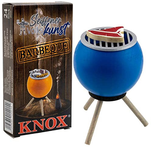 Seiffener Volkskunst | Räucherofen Grillofen | Räucherfigur 10 cm | Grill + Räucherkerzen BBQ | Räuchergrill mit Steak | blau + Knox