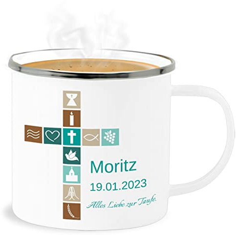 Emaille Becher Blechbecher - Geschenk Taufe I Konfirmation Geschenk Firmung - 300 ml - Weiß Silber - tasse geschirr taufgeschenke taufe tassen kinder personalisierte taufgeschenk zur kommunion