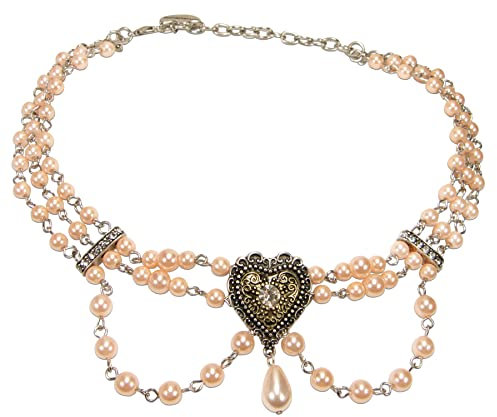Alpenflüstern Trachten-Perlen-Kropfkette Trachtenherz - elegante Trachtenkette mit Trachtenherz - nostalgischer Damen-Trachtenschmuck, Dirndlkette (rosa-rosé) DHK230
