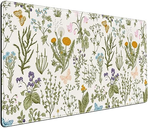 Cute Flowers Desk Mat Pressed Dried Floral Mouse Pad Neutral Beige Sage Green XXL Large Extended Gaming Mousepad Deskmat 31.5x15.75 in, Laptop Keyboard and Mouse Mat for Women Office Gamer Girl