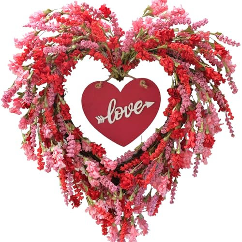 TEMPUS Artificial Red Heart Flower Wreath, Natural Vine Wreath, Spring/Summer Front Door Wreath with Board, for Wedding Window Home Wall Indoor Front Door Decor