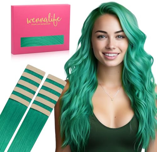 WENNALIFE Tape Extensions Echthaar, 35cm 25g 10 Stück Invisible Tape in Extensions Echthaar, Echthaar Extensions Tape, Haarverlängerung Echthaar, Remy Gerade Haarextension Echthaar #Grün