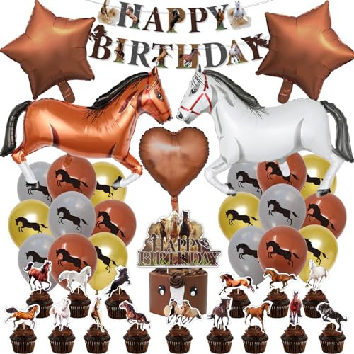 SWOKKTS Neu Pferde Geburtstagsdeko Jungen Mädchen, Hübsch Pferde Deko Kindergeburtstag, Pferde Luftballons Deko Geburtstag Set, Pferde Tortendeko Geburtstag mit HAPPY BIRTHDAY Banner