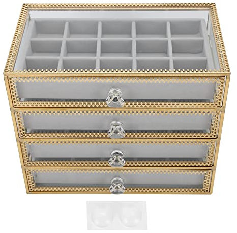 Fake Nail Storage Box,9.1x5.5x7.3 Metal Frame Transparent Glass 4 Layered 60 Grids Desktop Nail Tips Organizer Drawer Jewelry Box for Home
