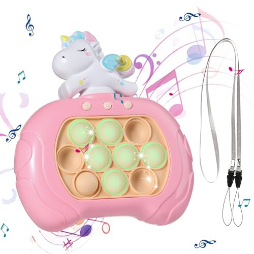 Jeu à Poussée Rapide avec Lanière, Licorne Mignonne Jeu Portable à Poussée Rapide avec 4 Modes Bulle Pop Jouet Fidget Console de Jeu Lumineuse Appuyez Dessus pour Enfants Cadeau (Rose)