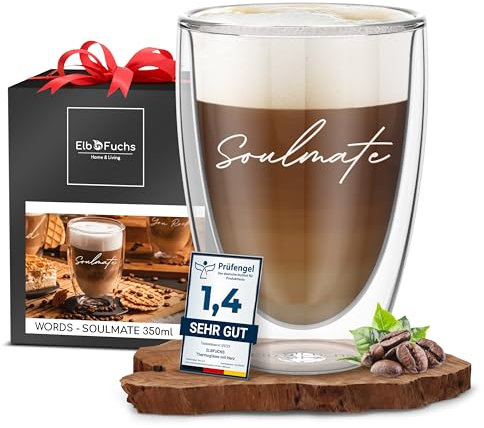 ElbFuchs® Soumate - Bicchiere da latte macchiato a doppia parete, 1 x 350 ml, perfetta idea regalo, ideale come bicchiere termico per cappuccino, bicchieri da caffè e tè