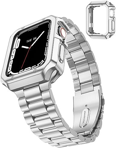 TISIMO Compatibile con Apple Watch Cinturino 45 mm, 44 mm, 42 mm, 41 mm, 40 mm, 38 mm, in metallo, acciaio inox e metallo, per iWatch Series SE/SE2/9/8/7/6/5/4/3/2/1, lavorazione lucida, 1 con