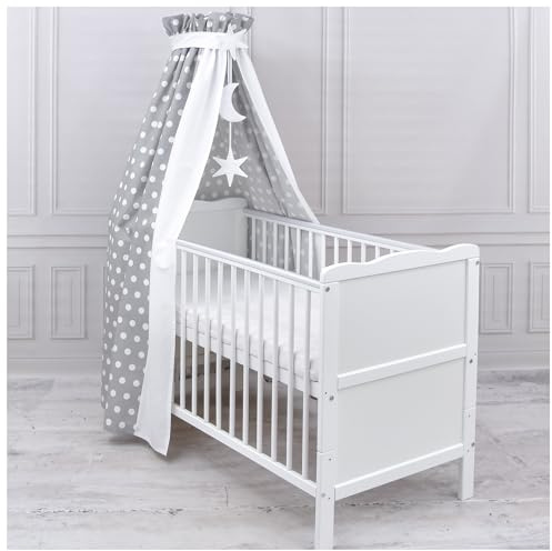 Generisch Baby Delux Babybett Himmel Betthimmel Baumwolle Baldachin für Babybett Kinderbett Wiege Stubenwagen Himmelstange Applikationen Sterne Mond Deko (Grey Dots, mit Himmelstange)