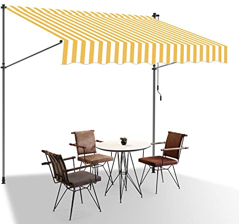 Eulenke Toldo Manual Retráctil 250 cm, Toldos Exterior Terraza Toldo sin Taladrar con Manivela para balcón, Resistente a los Rayos UV, Protección Solar e Impermeable, Amarillo Blanco