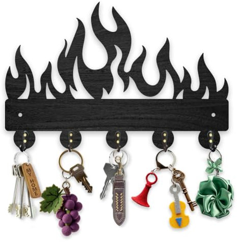 MAYJOYDIY Holz Flammenmotiv Schlüsselhaken Wandhalterung 30x20cm Brennende Flamme Kleiderbügel Schlüsselhalter Schwarzer Kunst Huthaken Mit 5 Haken Aus Legierung Für Eingangsbereich Schlafzimmer Büro