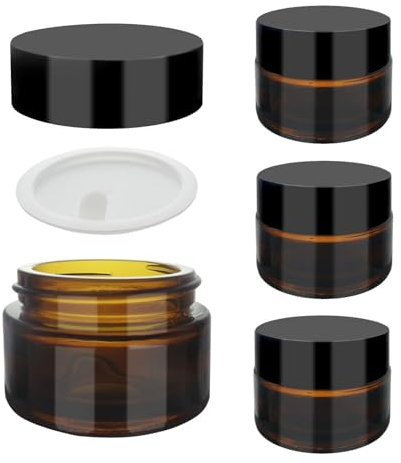 SyiXute 4 Pièce 15ml Pots à Cosmétiques en Verre Ambré,Pots de Verre Ambre Vider avec Doublure Intérieure Blanche et Couvercles Noirs - Conteneur Parfait pour Lotions et Crèmes pour Le Visage