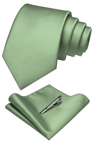 RBOCOTT Sage Green Silk Tie and Pocket Square, Necktie Tie Clip Set for Men (81)