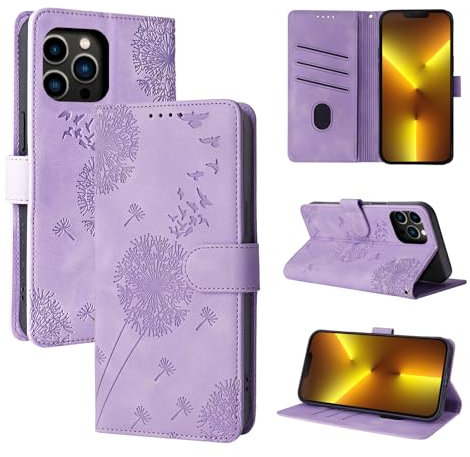 Rostsant iPhone 13 Pro Max Handyhülle 6.7 Zoll - Löwenzahn PU Leder Flip Case Brieftasche mit Magnetischer Verschluss - Violett