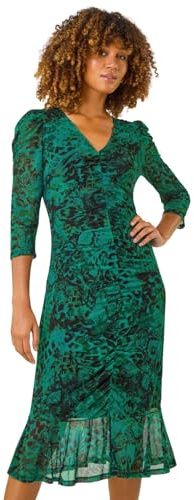 Roman Originals Printed Mesh Midi Dress for Women UK - Ladies Everyday Autumn Winter V-Neckline Comfy Soft Evening Vacation Work Party Night Out - Green - Size 12