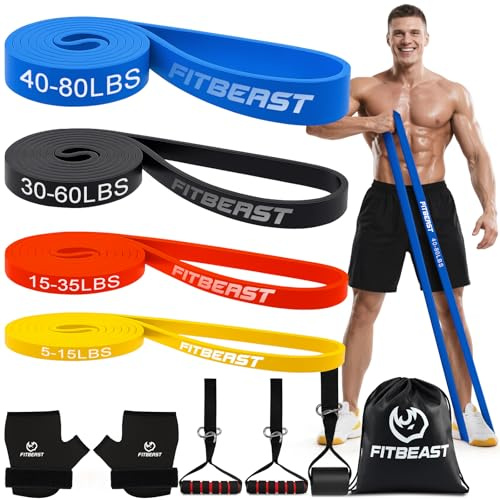FitBeast Set de Bandes de Résistance, Entraînement Poids du Corps, Musculation, Étirement, avec Ancre de Porte (Set de 4 pièces 5-80LBS)