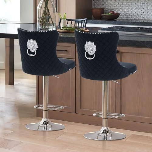 KHISCHMO Samt Barhocker 2er Set Samt Moderne Tresenhocker Höhenverstellbar mit Lehne Küchenhocker mit Löwenring-Zuggriff Drehbar für Küche Theke, Schwaz