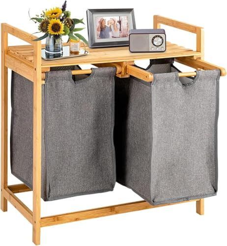 FANTASK Wäschekorb 2 Fächer, mit 2 ausziehbaren Wäschesäcken, Wäschesammler mit Ablage