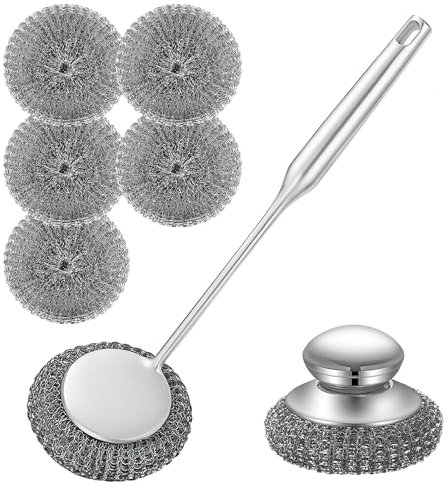 Schrubber Set aus robustem Edelstahl – langer & kurzer Griff mit 5 Stahlwoll-Pads, Gusseisen & Topfschrubber für Geschirr, Pfannen, Grills, Herde