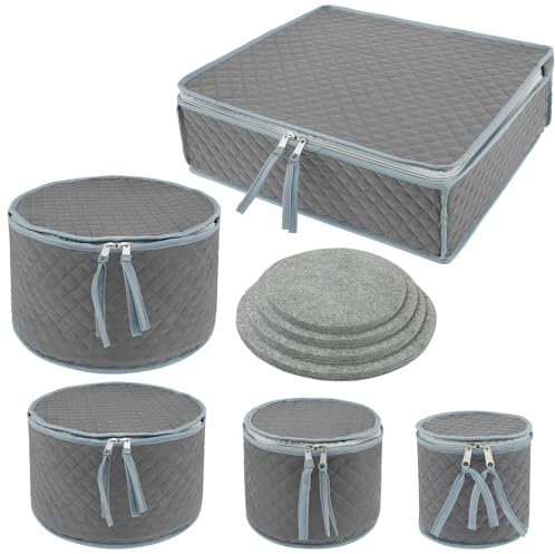 KTCINA 5Pcs Dinner Plate Storage Box Oxford Cloth Quilted Dish Container Dinnerware Plate Organizer Portable China Storage Container for Plates Cups Glassware Transport Moving (5Pcs Drak Grey)