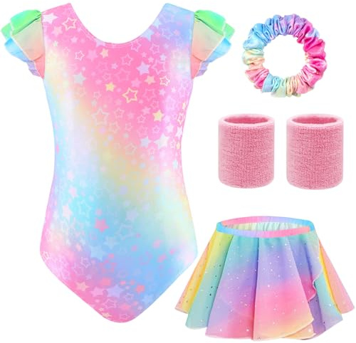 TOSZOLY Maillot Gimnasia Rítmica Niña – Conjunto 5 Piezas, Maillot Sin Mangas, Falda, Cinta para el Cabello, Muñequeras, Tenue de Ballet para Niñas de 4 a 9 Años para Espectáculos, Entrenamiento