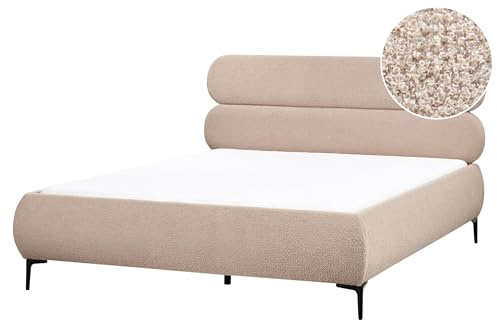Beliani Classic Minimalist EU King Size Boucle Bed Frame 5ft3 Wingback Headboard Black Metal Legs Bedroom Taupe Lessay