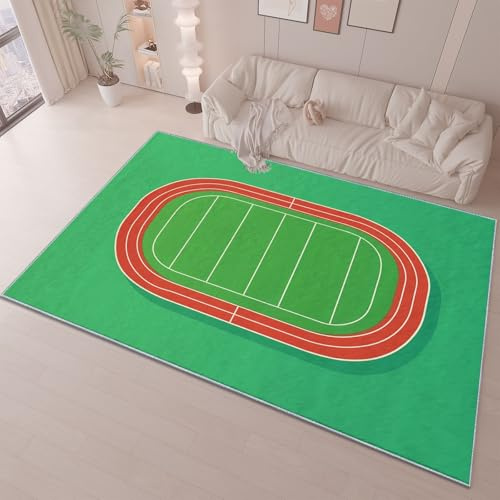 Teppich Wohnzimmer 120 X 170 cm Sportliche Laufstrecke Spielplatz, Kurzflor Teppich Für Wohnzimmer, Schlafzimmer & Flur, rutschfest, Wasserabweisend, Maschinenwaschbar, Grün Rot