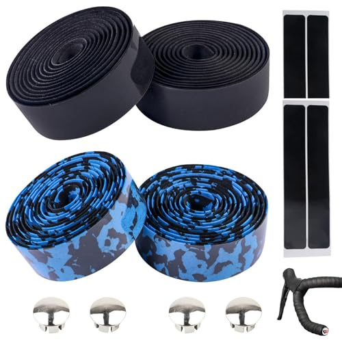 Bike Handlebar Tapes, 4 Rolls Road Bike Bar Tapewith Handlebar Plugs | Non-Slip Shock-Absorbent Bicycle Bar Tape, Suitable for Road Bikes and City Bikes(Black Blue)