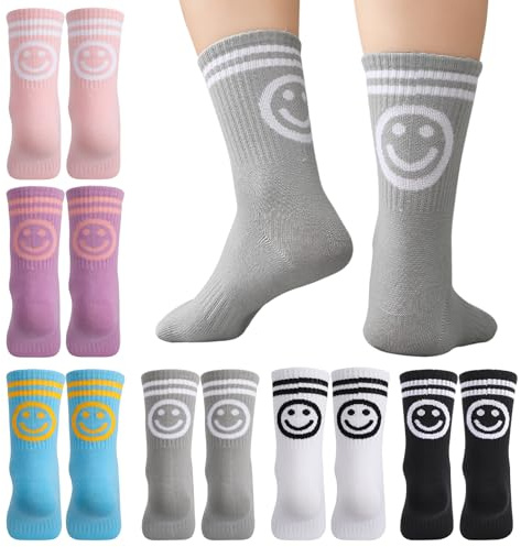 kodinsiivous 6 Paar Tennissocken Damen 38-42 Sportsocken Baumwollesocken Bunte Socken mit Smile Motiv Strümpfe Lustige Crew Socks für Tennis Sport Lauf weiß, schwarz, grau, rosa, blau, lila