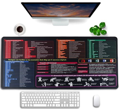 FEMONGY Tappetino excel in italiano, 900 x 400 x 3 mm, Tappetino mouse | Tappeto mouse xxl, Design impermeabile più spesso, Motivo combinazione tasti scelta rapida Excel/offce, Italiano